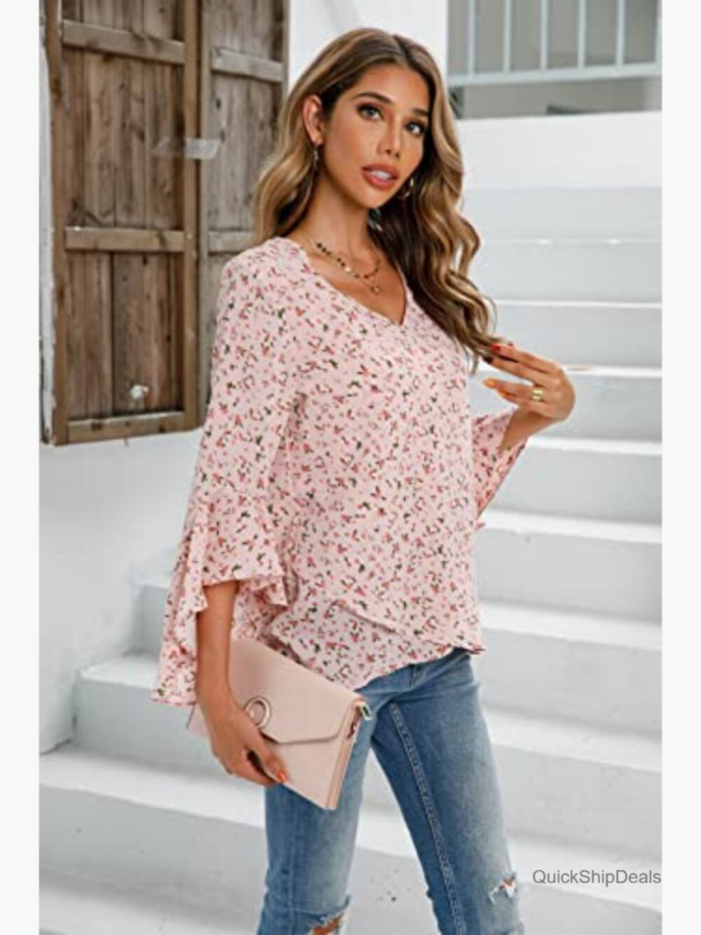Floral V-Neck Bell Sleeve Blouse Dressy Casual T-Shirt - Picture 6 of 7